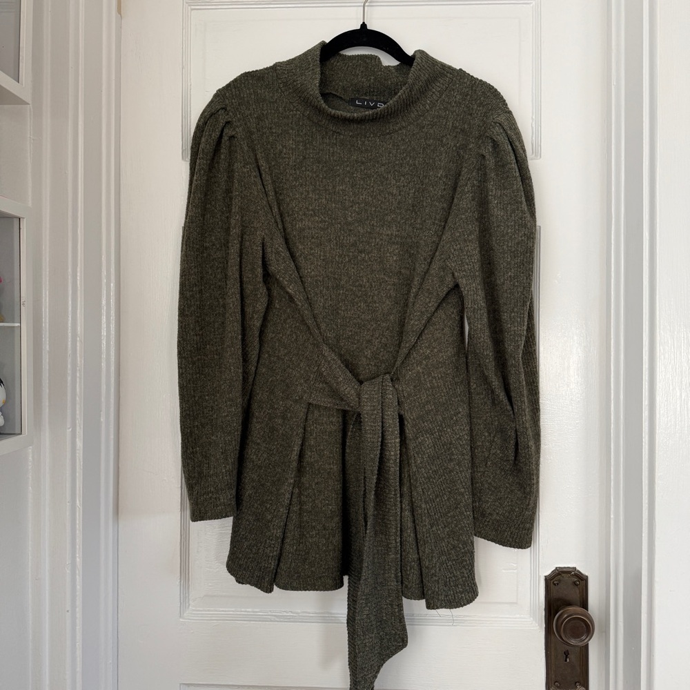 Livd Olive Green Knit Sweater with Tie Waist